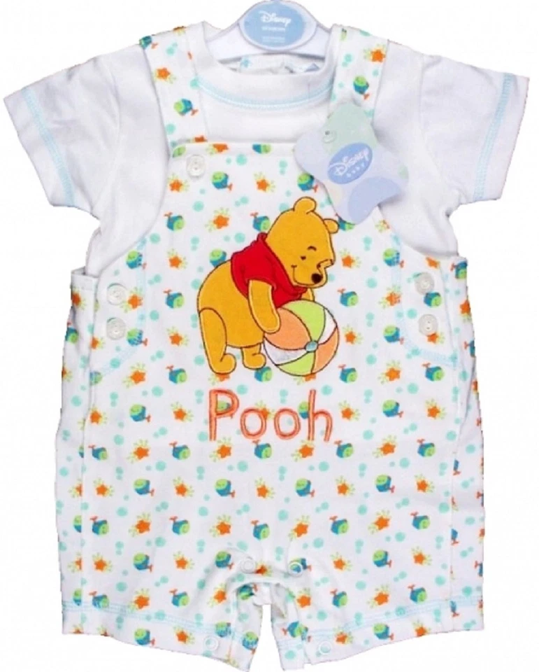 WINNIE THE POOH Baby Boys White T-Shirt & Dungaree Shorts Set Sizes 0-12 Months - Image 2 of 4