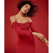 Reformation Red Off Shoulder Long Sleeve Ruffle Midi Dress Size 0