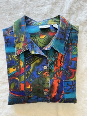 Vintage Chicos Top Abstract Art To Wear Button Up Funky Colorful Sz 2 L Boho