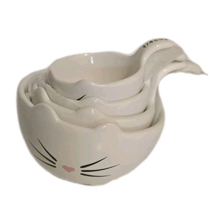 (4)pc White Cat-themed Nesting Stackable Measuring Cup Set 1, 1/2, 1/3, 1/4 NEW!