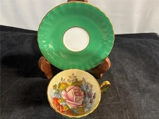 Aynsley Tea Cup & Saucer Cabbage Rose Signed JA Bailey Green Gold 1033