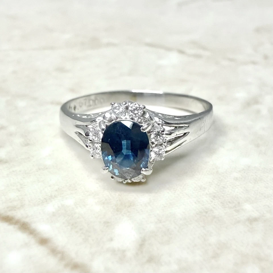 Platinum Natural Oval Sapphire & Diamond Halo Ring - Platinum Sapphire Ring - Image 4 of 4