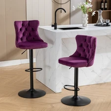 2Set Swivel Velvet Upholstered Barstools 25-33" Counter Height Pub Chairs Purple