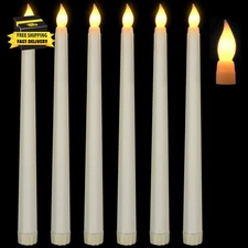 6 Pack Ivory Flameless Plastic Taper Candles, without Remote or Timer, Flickerin