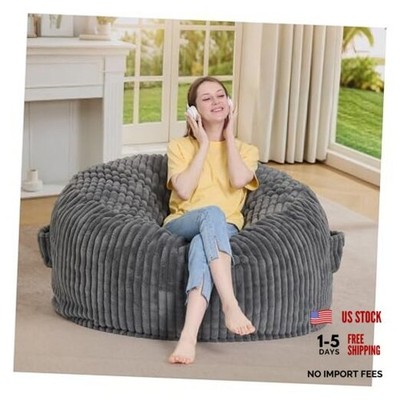 4FT Bean Bag Chair for Adults, Oversized Bean Bag 4FT Cover Stripe Fur Grey