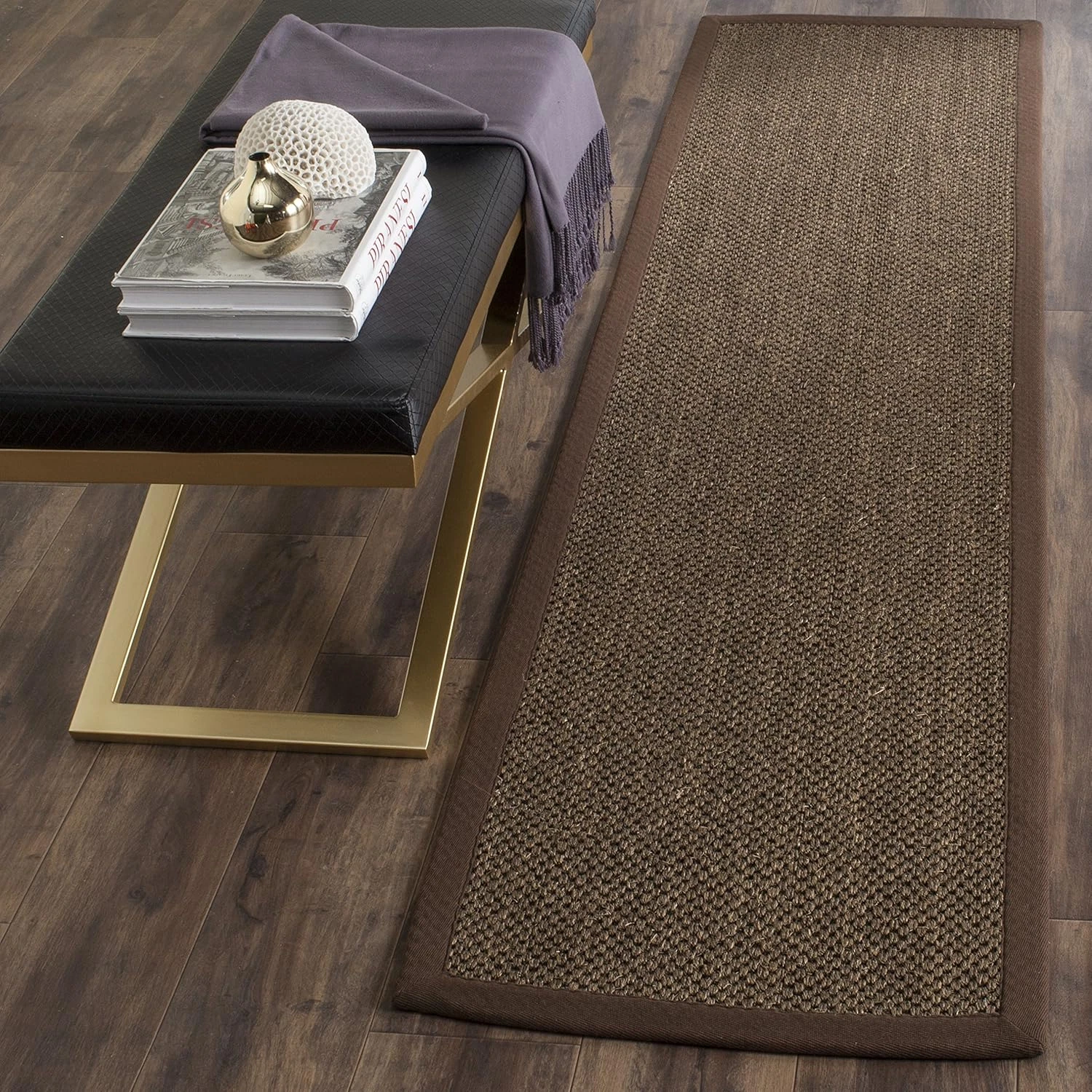 Natural Fiber Runner Rug 2'6" x 14' - Brown Sisal Woven Design with Border