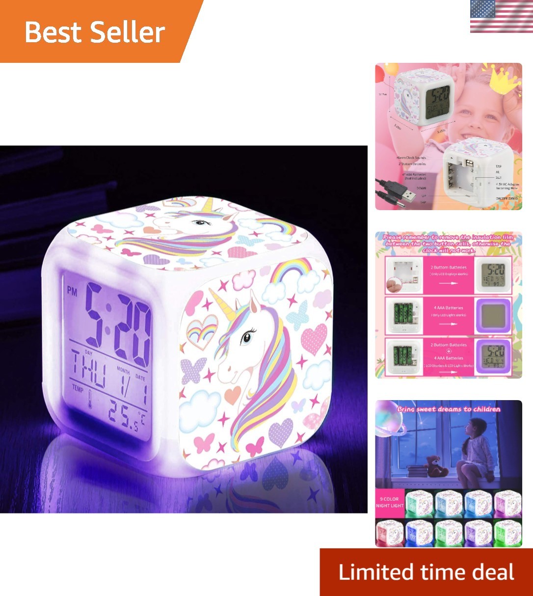 Cute Unicorn Alarm Clock with 9 Soft LED Lights - Perfect fo