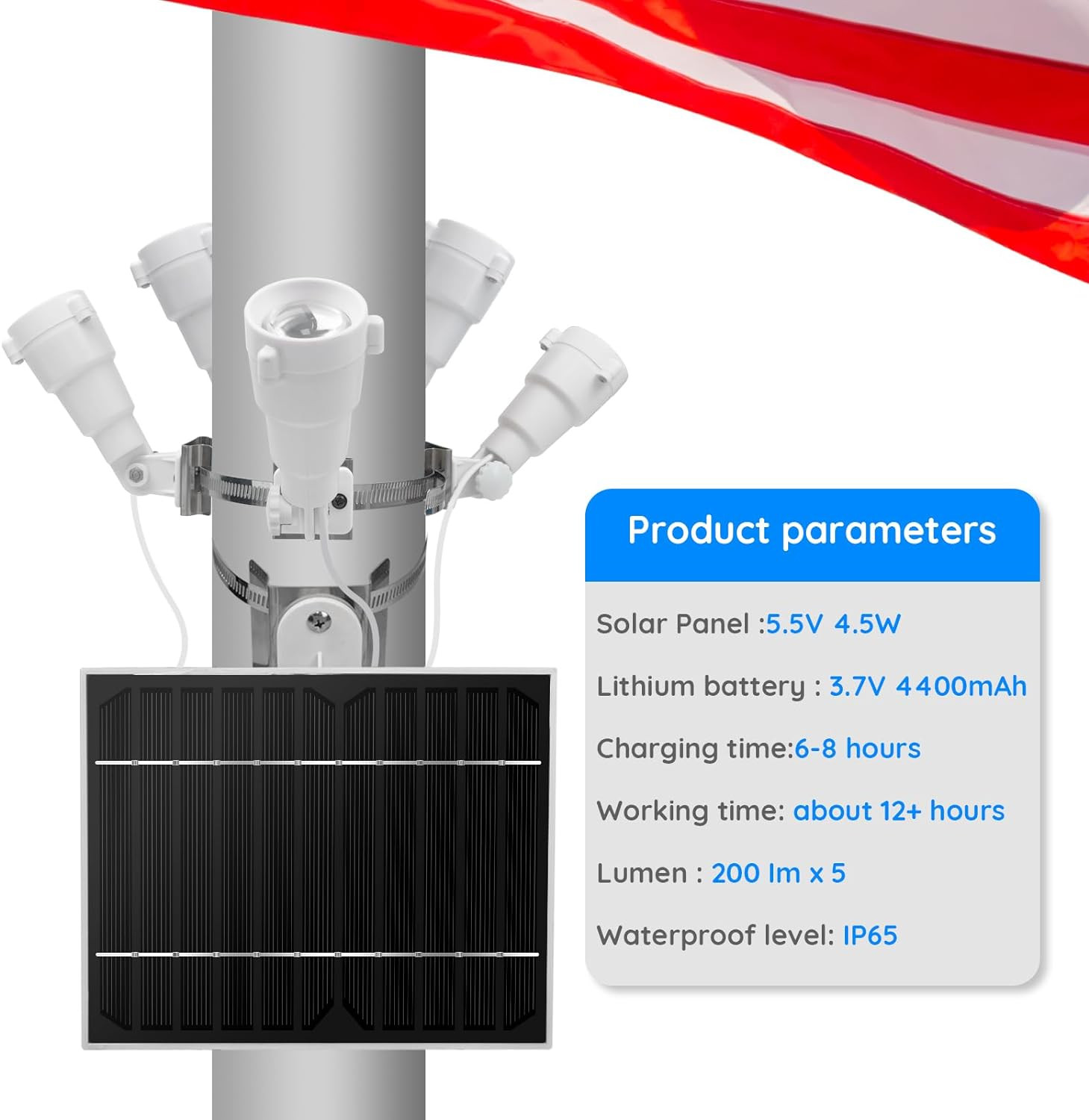 Flag Pole Light Solar Powered 5 in 1 Solar Flag Pole Lights 1000 Lumens Fits 2-6