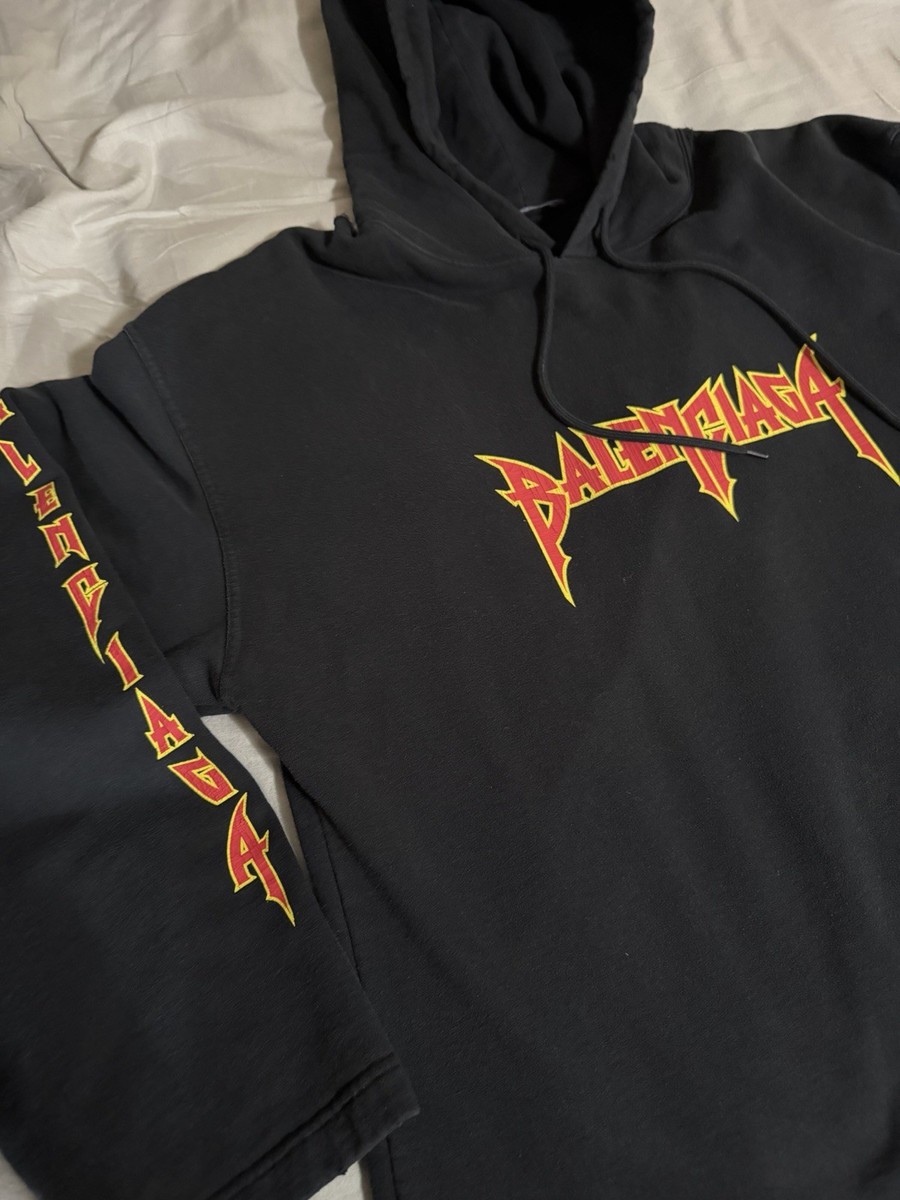 Balenciaga Oversized Flame Metal Logo Pullover Black Distressed