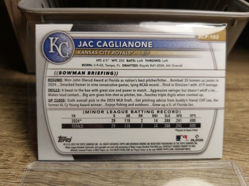 2025 Bowman Jac Caglianone Chrome Prospects #BCP-103 ~ Kansas City Royals - Bild 2 von 2