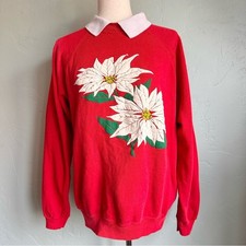 Vintage 80's Puff Print Christmas Poinsettia Red Collared Sweatshirt Size Large
