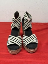 Women's TORY BURCH Frieda Wedge Espadrilles Striped Canvas Sandals Sz: 7