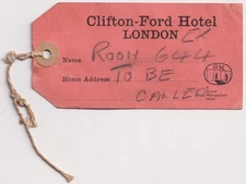 Vintage Clifton-Ford Hotel London Luggage Tag Grand Metropolitan Travel 1960s