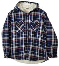 Boston Traders Button Down Jacket Women M Blue Purple Plaid Sherpa Lined Hooded