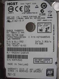 HGST 640 GB HTS547564A9E384 5K750-640 MAY-14 PN:0J11562 MLC:DA4124