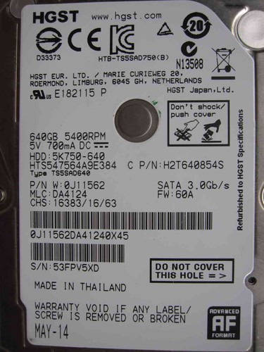 HGST 640 GB HTS547564A9E384 5K750-640 MAY-14 PN:0J11562 MLC:DA4124