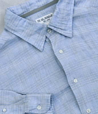 WH Belk Men's 100% Linen Button Down Blue Window Check Luxury Resort Beach Sz XL