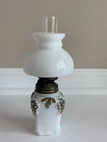 Antique Miniature Milk Glass Parlor Oil Lamp Embossed W/Gold Grape Leaves 7.25”
