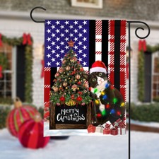 Tuxedo Cat Merry Christmas Flag, Tuxedo Cat Christmas Tree Lights Flag