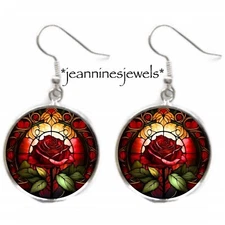Art Nouveau Rose Faux Stained Glass EARRINGS Girlfriend Wife Valentines Day Gift