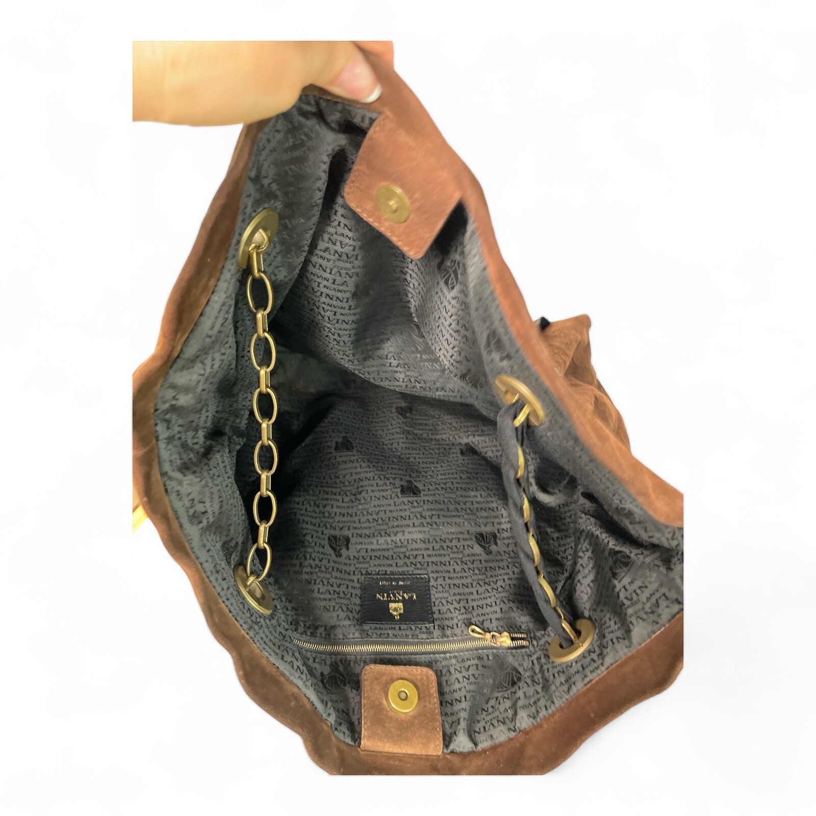 LANVIN "Amalia" Python Print Brown Suede Bucket S… - image 15