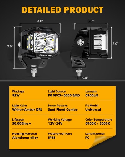 AUXBEAM 4PCS 4" LED Pods Driving Side Shooter w/ Amber DRL For Jeep Pickup Truck - Bild 6 von 12