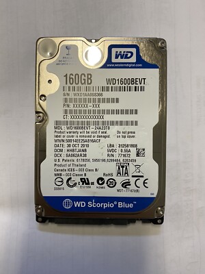 WD 160GB WD1600BEVT 5400RPM 8MB SATA 2.5'' Laptop HDD Hard Disk Drive BLUE