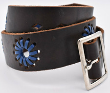 Genuine Leather Belt Size 32-34  Blue Leather Laces Pattern Western Hippie Boho