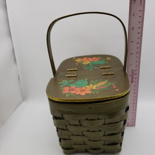 Vintage 1970's Decoupage Woven Wood Basket Purse Sewing Blue Birds Floral Green - Picture 22 of 24