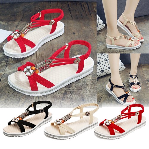 Ladies Sandals Elastic Strappy Open Toes Summer Bling Comfy Flat Womens Sizes - Picture 13 of 23