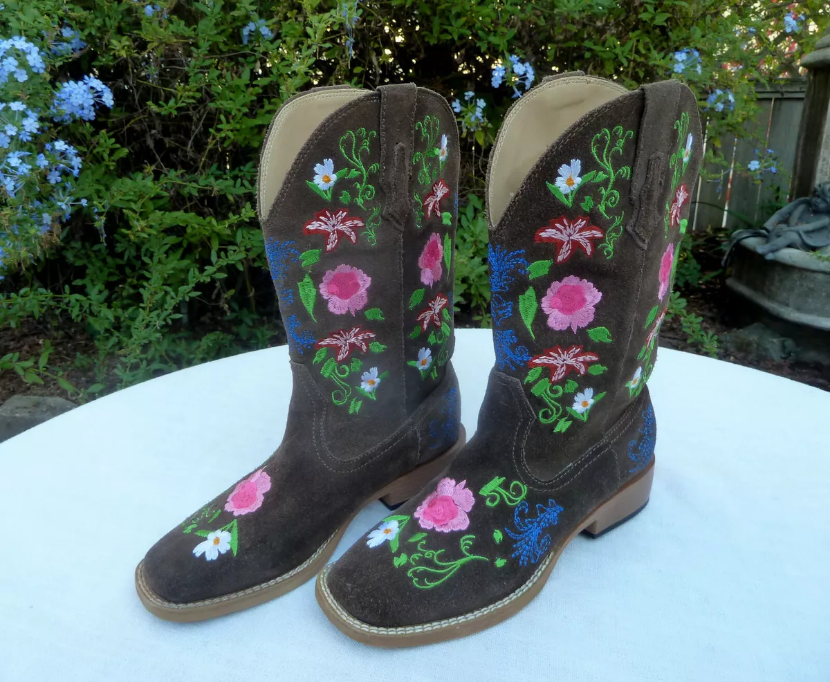 ROPER Womens 6.5 Brn Suede Leather Embroidered Flowers Tall