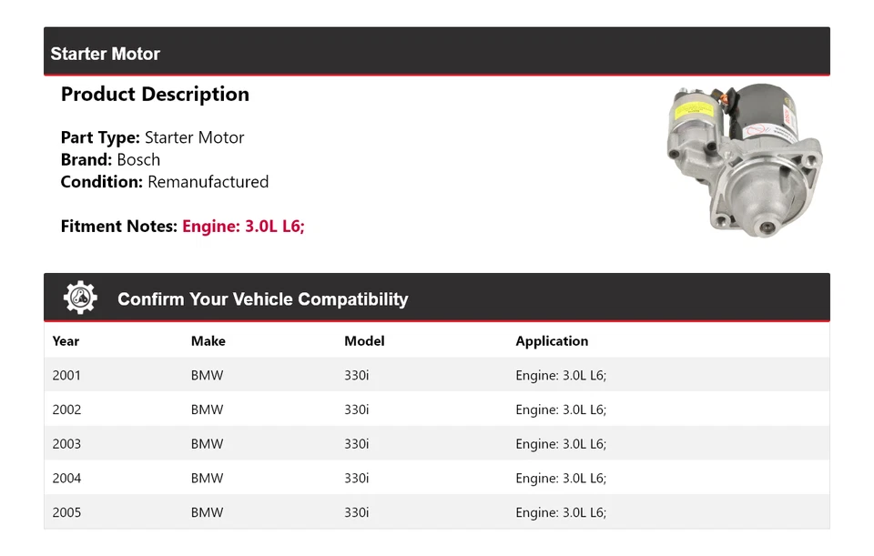 For 2001-2005 BMW 330i 3.0L L6 Bosch Starter (Remanufactured) 2002 2003 2004 Foto 2 de 4