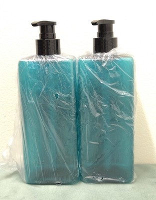 2 Pack teal square plastic pump bottles refillable 17 oz shampoo soap lotion