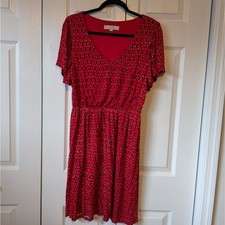 Loft Red Ikat Print Rayon V-Neck Flutter Sleeve Elastic Waist Knit Dress Medium