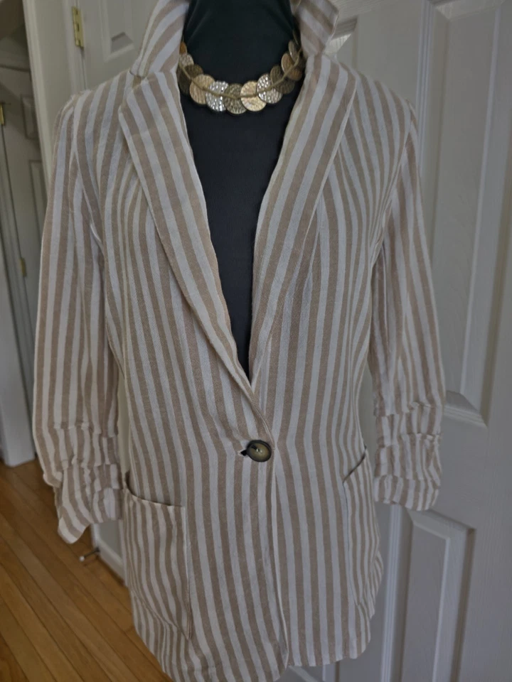 H Halston LINEN blend  jacket blazer beige stripe preppy for Travel Office SMALL - Image 3 of 4