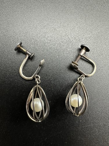 Vintage Sterling Silber Käfig Tropfen Kumamoto Salzwasser Perlen Ohrringe zum Anschrauben - Bild 2 von 8