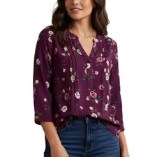 Monday Fun 3/4 Sleeve Split Neck Purple Floral Rayon Top NWOT Size Medium