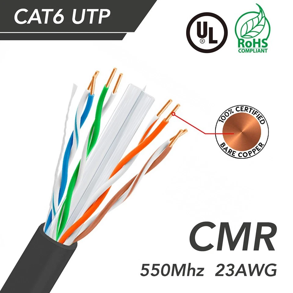1000FT CAT6 Network LAN Ethernet UTP Bulk Cable Solid Copper Wire 23AWG Black - Image 2 of 4
