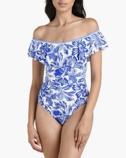 La Blanca Botanical Brocade Ruffle Off the Shoulder One-Piece Swimsuit, 10, NWOT