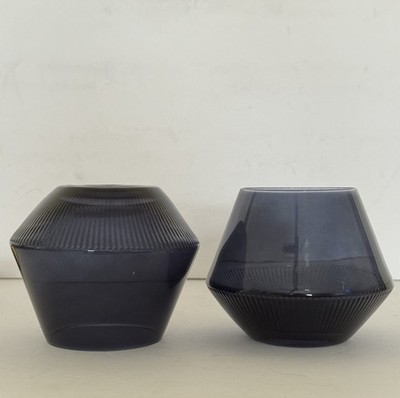 Blue Geometric Ribbed Stemless Glass Set Of 2 Mid Century Style 22 oz Votive