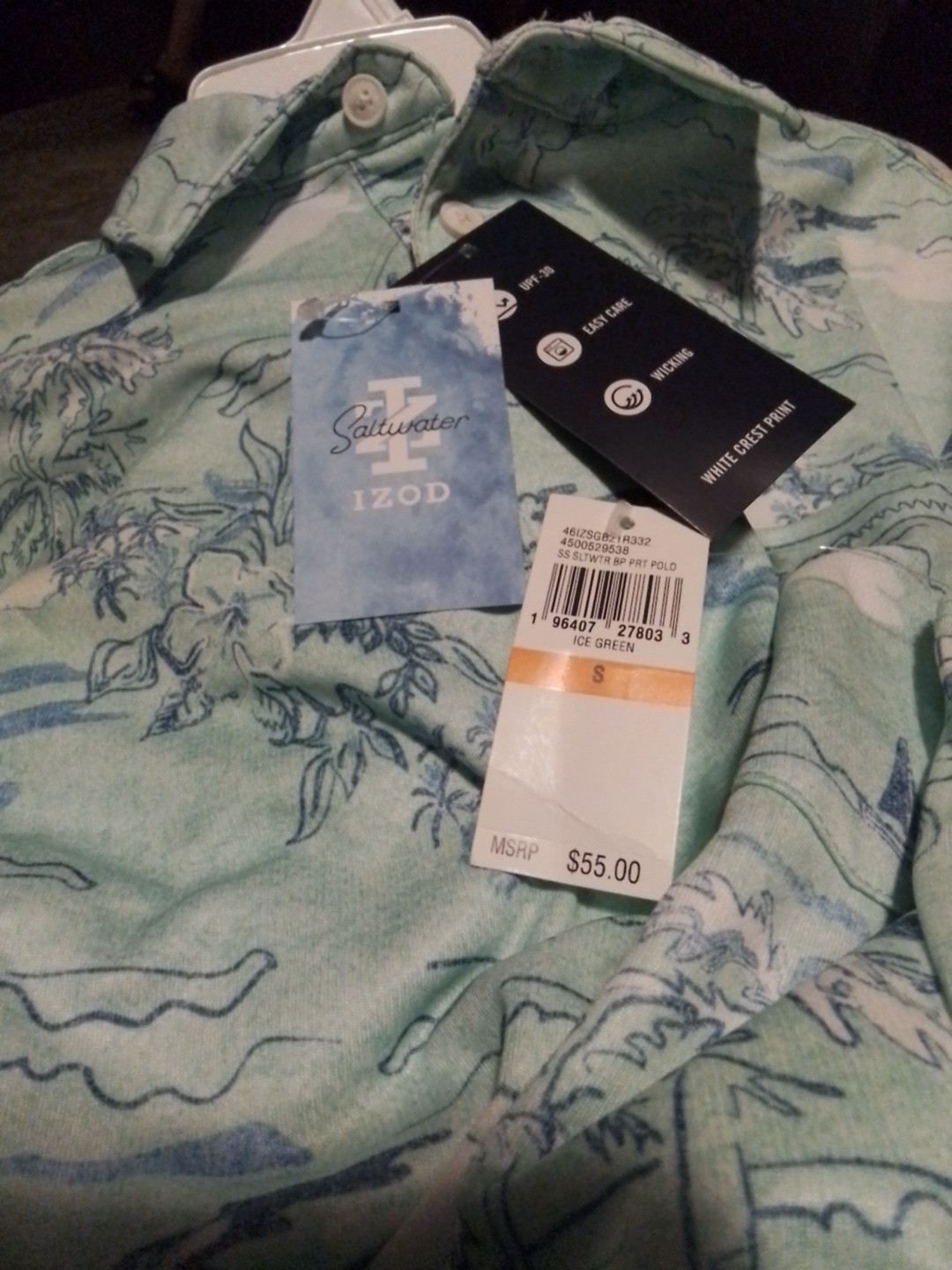 NWT Mens Izod Saltwater Classic Short Sleeve Tropical Print Polo Shirt Small