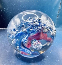 Vtg Robert Eickholt Paperweight Blue Pink Swirl w Controlled Bubbles signed 1991