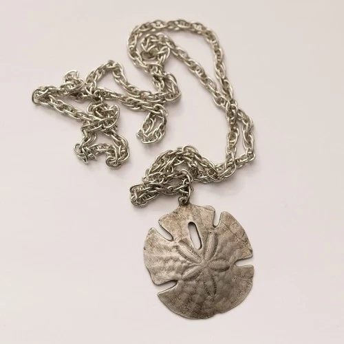 Vintage Signed Metzke Sand Dollar Pendant With Chain Costume Jewelry