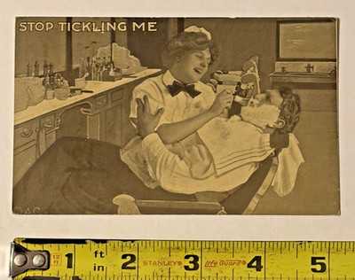 ANTIQUE LADY BARBER SHAVING MAN EARLY 1900S COMIC POSTCARD - STOP TICKLING ME