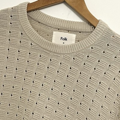 Folk Pullover M Medium Größe 3 creme beige offen Strick Baumwolle Rundhals Langarm