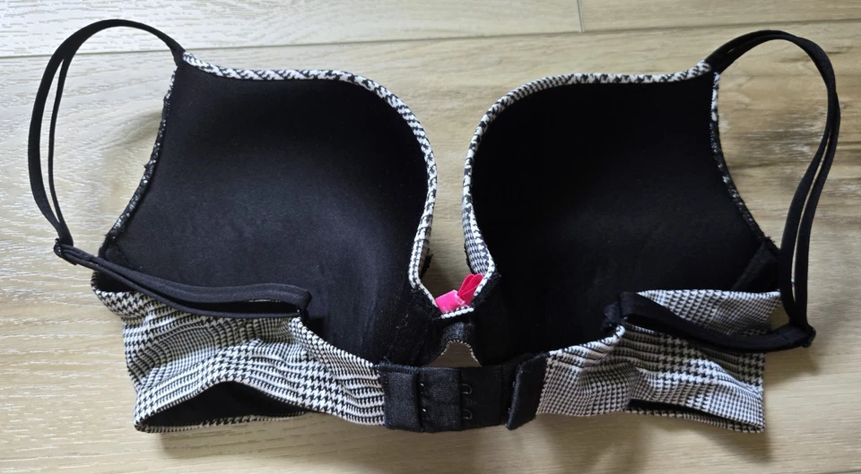 Vintage Victoria's Secret Houndstooth Satin Lace Push-Up Underwire Bow Bra 36C - Image 2 of 3