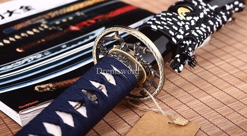 Hoja de flor grabada espada samurai japonesa Katana templada de arcilla de acero doblada - Imagen 6 de 21