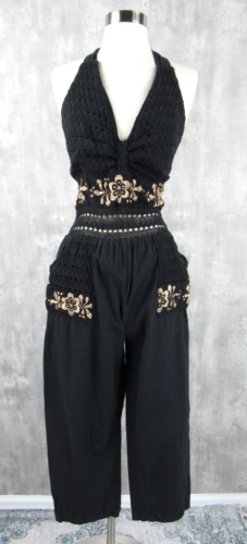 Vintage Mexican Embroidered Black Gauze Crochet Halter Top Crop Jumpsuit Small S