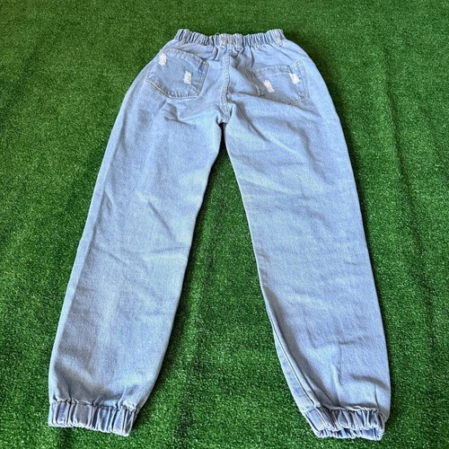 Elastic Waist & Cuff Relaxed Fit Pull-Up Ripped Crop Jeans Trendy Pants Size S - Picture 10 of 13