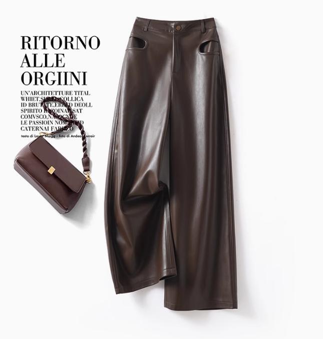 Wide Leg Pants Women's High Waist Faux Leather Loose Casual Trousers Fashion